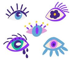 Eyes set. collection of evil, Ra, Turkish, Greek and esoteric eyes of different shapes, highlighted on a white background. Colorful elements of clairvoyance. Vector catroon illustration.