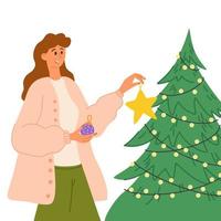 Young woman dresses up a Christmas tree.  Greeting card for Merry Christmas and Happy New Year. Perfect for flyer and booklet, brochure and website. Vector illustration.