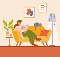 Woman sitting with laptop on the couch. Cozy scandinavian home interior. Girl spending time online. Daily life of social media networks user. Rest at home. Living room interior. Vector illustration.