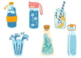 juego de botellas de agua. bebida de desintoxicación conceptual, agua potable en un termo, botella de vidrio. agua congelada. bebida refrescante de verano. hábitos diarios de estilo de vida saludable, bienestar, rituales matutinos. ilustración vectorial vector