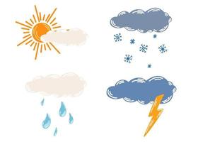 Weather clouds. Different clouds with rain, snow, thunderstorm and sun. Meteorological. Thunderstorm weather symbol for web printing and applications. Vector Hand drawn illustration isolated