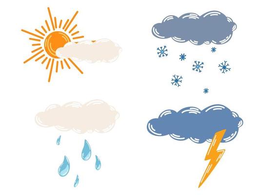 Weather clouds. Different clouds with rain, snow, thunderstorm and sun. Meteorological. Thunderstorm weather symbol for web printing and applications. Vector Hand drawn illustration isolated
