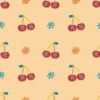 Psychedelic seamless patterns in retro 70s style, groovy hippie backgrounds. Teen funky print with crazy cherries and hippie-style flowers. vector
