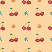 Psychedelic seamless patterns in retro 70s style, groovy hippie backgrounds. Teen funky print with crazy cherries and hippie-style flowers. vector