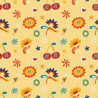 Psychedelic seamless patterns in retro 70s style, groovy hippie backgrounds. Teen cartoon funky print with abstract bright colors, stars, sun, crazy cherries vector