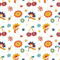 patrones sin fisuras psicodélicos en estilo retro de los años 70, fondos hippie maravillosos. impresión funky de dibujos animados adolescentes con colores brillantes abstractos, estrellas, sol, cerezas locas vector