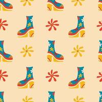 patrones sin fisuras vectoriales, fondos hippie maravillosos, psicodélico retro de los años 70. estampado funky brillante con flores, champiñones, botas nippy, un conjunto de dibujos vectoriales al estilo hippie. vector