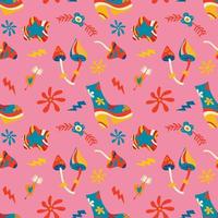 Vector seamless patterns, groovy hippie backgrounds, Retro 70s psychedelic. Bright funky print with flowers, mushrooms, nippy boots, a set of vector drawings in the hippie style.