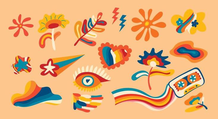 A large set of elements of the retro groove of the 70s, cute stickers in the style of funky hippies. Cartoon flowers, mushrooms, hearts, cherries, sun, good vibes, hippie collection.