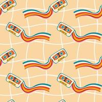 Psychedelic seamless patterns in retro 70s style, groovy hippie backgrounds with a music cassette and a rainbow. Teen cartoon funky print vector