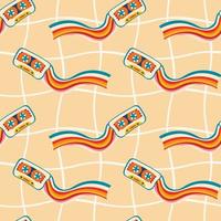 Psychedelic seamless patterns in retro 70s style, groovy hippie backgrounds with a music cassette and a rainbow. Teen cartoon funky print vector