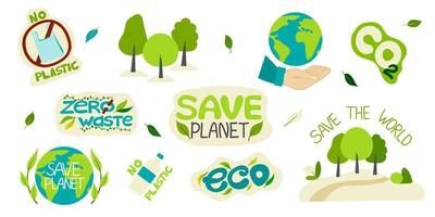 Collection of environmental illustrations with slogans-zero waste, waste recycling, ecology, save the planet, save the world. Set of decorative design elements on a Flat style, vector illustration.