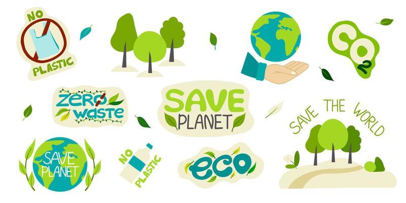 Collection of environmental illustrations with slogans-zero waste, waste recycling, ecology, save the planet, save the world. Set of decorative design elements on a Flat style, vector illustration.