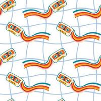 Psychedelic seamless patterns in retro 70s style, groovy hippie backgrounds with a music cassette and a rainbow. Teen cartoon funky print vector