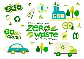 Collection of environmental illustrations with slogans-zero waste, waste recycling, ecology, save the planet, save the world. Set of decorative design elements on a Flat style, vector illustration.