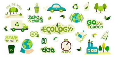 Big collection of environmental stickers with the words-zero waste, ecology, save the planet, eco, recycling, no plastic. A set of decorative design elements. Flat vector illustration.