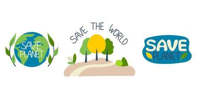 Collection of environmental illustrations with slogans-zero waste, waste recycling, ecology, save the planet, save the world. Set of decorative design elements on a Flat style, vector illustration.