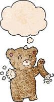 cartoon teddy bear with torn arm and thought bubble in grunge texture pattern style vector