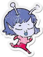 distressed sticker of a cartoon alien girl vector