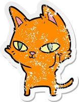 distressed sticker of a cartoon cat with bright eyes vector