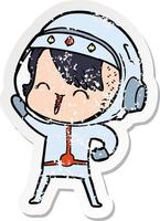 distressed sticker of a happy cartoon space girl vector