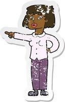 retro distressed sticker of a cartoon woman pointing vector