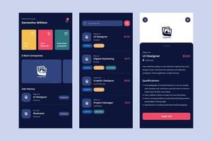 Modern find job ui design template vector. Suitable designing application for android and IOS. Style dark mode vector