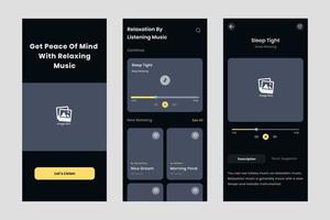 Relaxing music ui design template vector. Suitable designing application for android and IOS. Dark mode app mobile vector