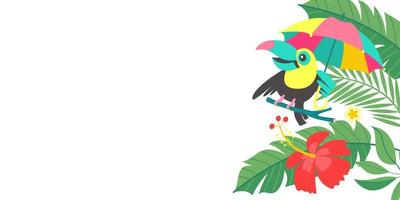 Bright tropical background with a cheerful toucan. Vector illustration.