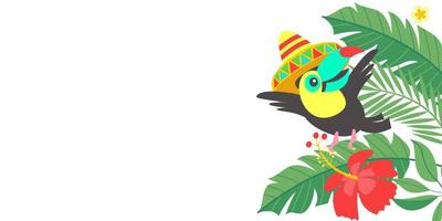 Bright tropical background with a cheerful toucan in a hat. Vector illustration.