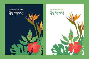 día internacional de los trópicos. ilustración vectorial colorida con plantas tropicales verdes, flores exóticas brillantes. vector