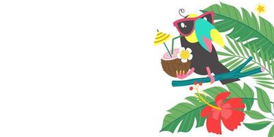 Bright tropical background with a cheerful toucan. Vector illustration.