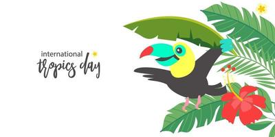 Bright tropical background with a cheerful toucan. Vector illustration.