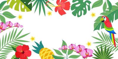 fondo tropical brillante con hojas de palma tropical, loro y flores. ilustración vectorial con un espacio vacío para texto. vector