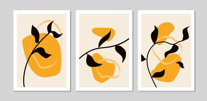 Set of Minimal botanical wall art. Mid century modern graphic. Plant art design for social media, blog post, print, cover, wallpaper. Vector