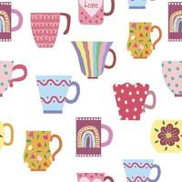 Seamless pattern of vintage mugs. Hand-drawn with a naive Scandinavian style vector