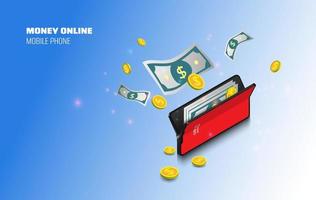 Money online on mobile phone, vector design. Capital flow, earning or making money.