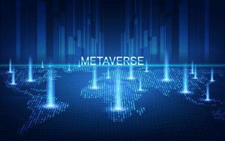 Metaverse, virtual reality, augmented reality and blockchain technology, user interface 3D experience. Word metaverse with world map globe in futuristic environment background. vector