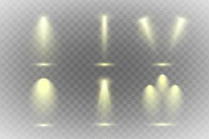 Set of Spotlight isolated on transparent background. Vector glowing light effect with gold rays and beams