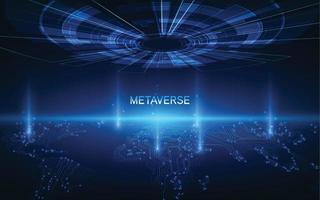 Metaverse, virtual reality, augmented reality and blockchain technology, user interface 3D experience. Word metaverse with world map globe in futuristic environment background.