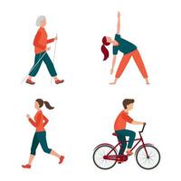 Outdoor activity. Different people set isolated on white. Male and female have outdoor activity. Jogging, riding bicycle, nordic walking, outdoor yoga. Recreation, sport vector illustration