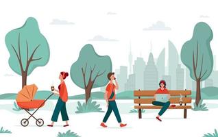 Outdoor activity. Young people walking in the city or university park. Girl with pram, young man, freelancer with laptop on a bench. Urban recreation concept, college campus, remote working vector