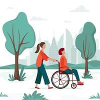 Disabled woman in wheelchair walking in the city park with an accompanying person. Outdoor activity. Social worker or volunteer with seniors vector