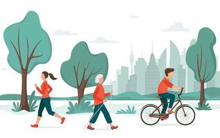 actividad al aire libre. gente en el parque de la ciudad. jogging, andar en bicicleta, marcha nórdica. concepto de recreación urbana, ilustración de vector de deporte