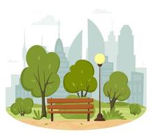 City summer park concept. Trees and bushes, park bench, walkway, lantern and city silhouette. Town and city park landscape, panoramic banner. Urban outdoor. Vector illustration in flat style