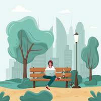 Young woman are working on a bench in a city park. Freelancer with laptop and coffee. Urban city street style, online education or remote working concept vector