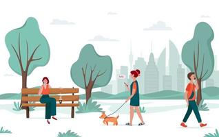 Outdoor activity. Young people walking in the city park. Girl with a dog, young man, young woman with phone on a bench. Urban recreation concept vector