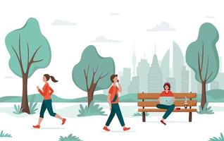 Outdoor activity. Young people walking in the city or university park. Jogging girl, young man, freelancer with laptop on a bench. Urban recreation concept, college campus, remote working vector