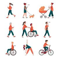 Outdoor activity. Different people set isolated on white. Flat characters walking with dog, mom with pram, wheelchair woman. Jogging, riding bicycle, nordic walking, outdoor yoga. Recreation vector