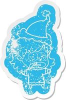 cartoon distressed sticker of a shocked elf girl wearing santa hat vector